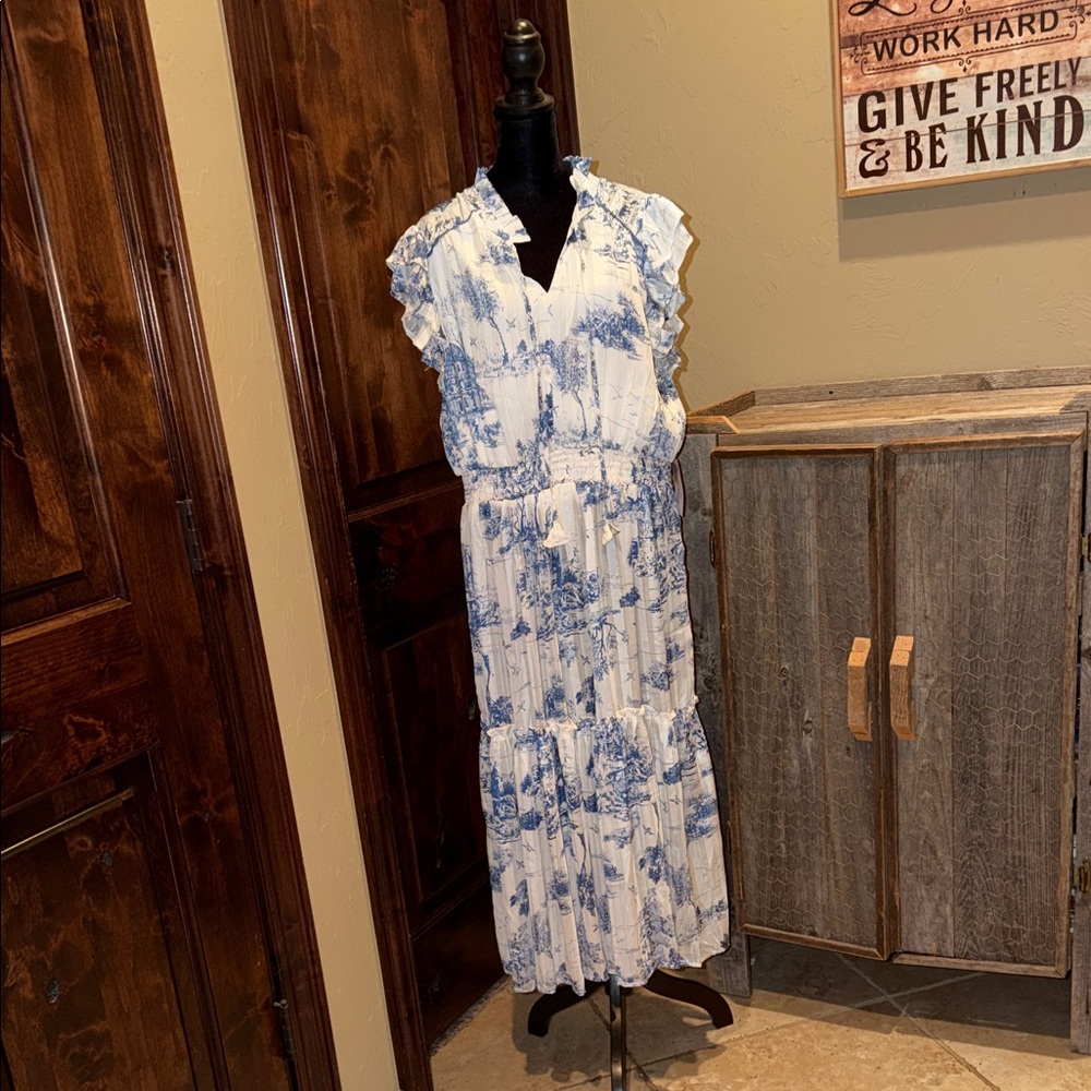 Umgee White and Blue Floral Ruffled Maxi Dress